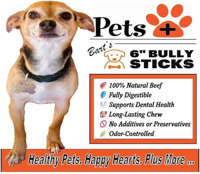 Pets Plus Premium Bart's Bully Sticks for Dogs – 6 Inch, Medium Size, All-Natural, Long-Lasting Chews for Moderate Chewers – High Protein, Low Odor, Grain-Free (10-Pack)