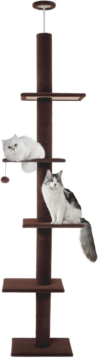 Cat Tree Floor to Ceiling Cat Tower 5-Tier Carpet Kitten Tree Cat Climbing Tower with Adjustable Height 98"-108", Tall Cat Trees with Platforms and Dangling Balls for Indoor Cats, Coffee