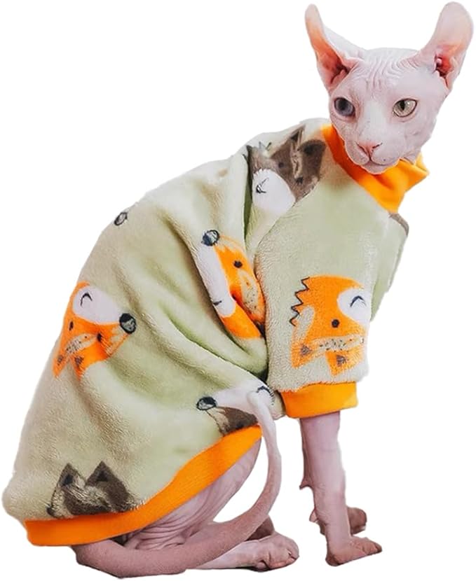 Sphynx Cat Warm Turtleneck Sweater, Thick Soft Double-Sided Fleece Clothes for Cats, Two-Legged Winter Onesie for Cats and Small Dogs,Pjs for Cats and Puppy (Fox, XL (6.5-8.5lbs))