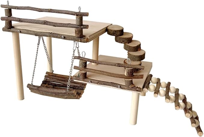 Hamster Climbing Toys DIY Natural Wooden Playing Platform with Swing Apple Wood Hamster Playground with 2 Platform, 5 Steps Ladder and 6 Steps Bridge Small Animal Chewing Toys for Gift