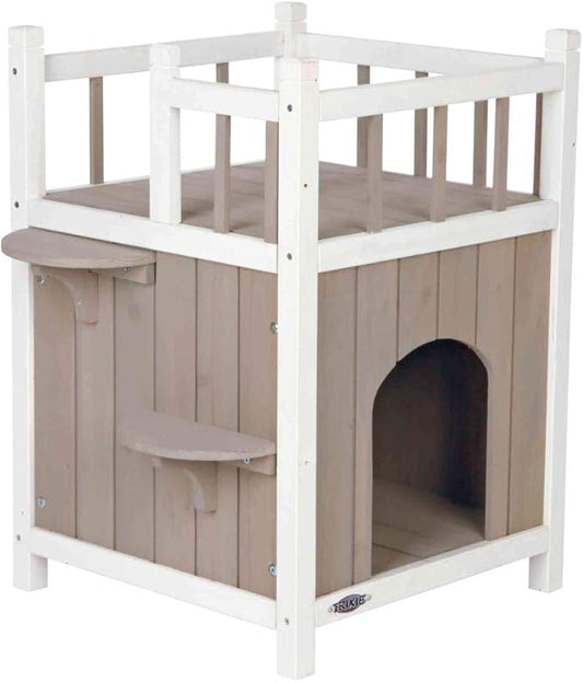 TRIXIE Cat Home with Balcony, Elevated Cat House, Weatherproof Shelter, Ideal for Cats and Small Dogs 17.5 x 17.5 x 25.5 in.