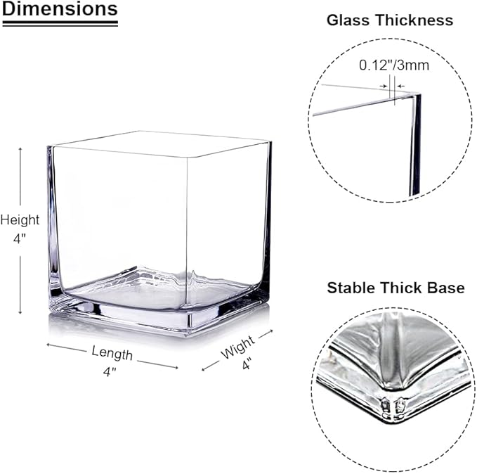 EnovaFloral Square Glass Cube Vase (4x4 Inch) - Set of 1 with Floating Candle Holders for Wedding Centerpieces & Home Office Decor