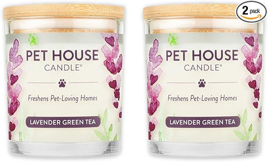 One Fur All Pet House Candle 2 Pack - Plant-Based/Soy - Clean Burning Scented, Long Lasting Pet Odor Candle for Home - Lavender Green Tea