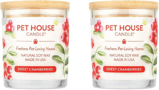 One Fur All Pet House Candle 2 Pack - Plant-Based/Soy - Clean Burning Scented, Long Lasting Pet Odor Candle for Home -Sweet Cranberries