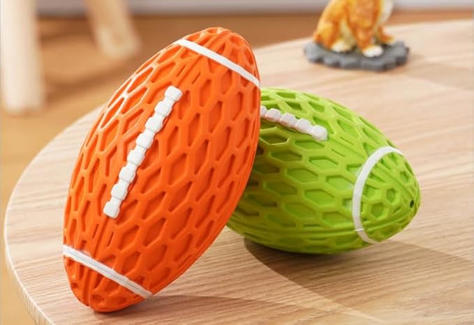 AUSCAT 2PCS Squeaky Dog Football Toy for Aggressive Chewers, Tough Rubber Dog Ball for Small Medium Dogs, Green and Orange, Small, 4.1"