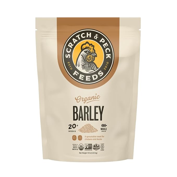 Scratch and Peck Whole Barley Chicken, Duck and Livestock Supplemental Grain - 10 lbs Bag - 8.5% Protein, Certified Organic and Non-GMO Project Verified Chicken Food