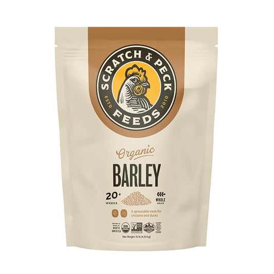 Scratch and Peck Whole Barley Chicken, Duck and Livestock Supplemental Grain - 10 lbs Bag - 8.5% Protein, Certified Organic and Non-GMO Project Verified Chicken Food