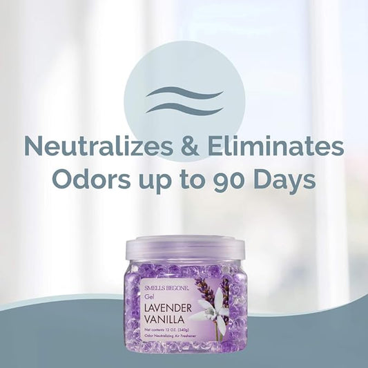 SMELLS BEGONE 12 oz Odor Eliminator Gel - Air Freshener - Absorbs & Eliminates Odor in Bathrooms, Basements, Cars, Boats, RVs & Pet Areas - Made with Essential Oils - Lavender Vanilla
