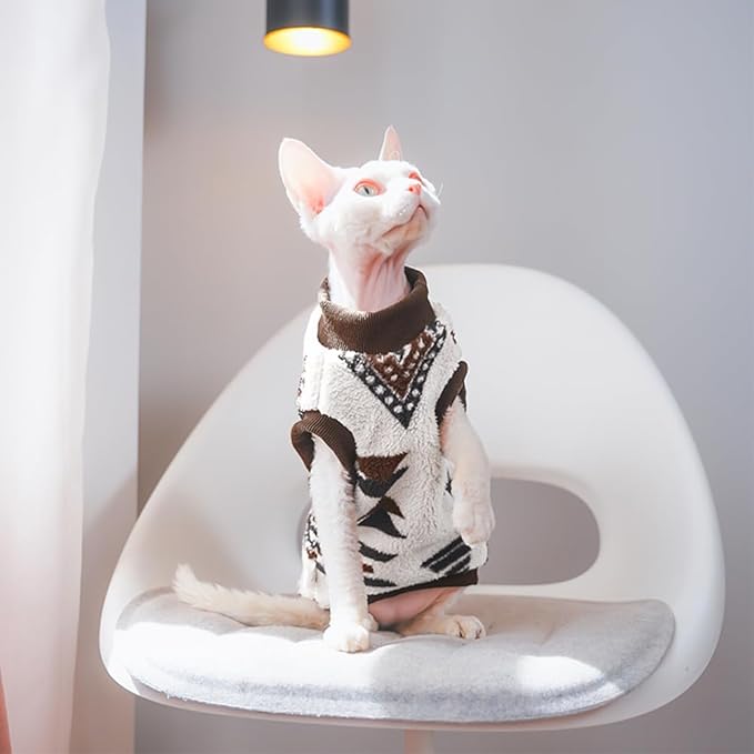 Sphynx Cat Clothes,Boho Style Cat Clothes for Fall Winter, 2-Legged Fleece Lined Warm Shirt, Soft Plush Sweater for Hairless Cats Devon Rex (Beige, XX-Large (8.5-12 lbs))