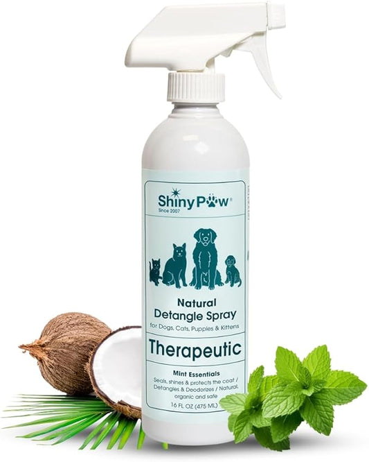 Pet Detangler Spray for Dogs & Cats 16 oz by Shiny Paw | Mint Essentials Detangler Spray | Hypoallergenic Dogs Detangler | Shines & Restores Coat | Made in The USA