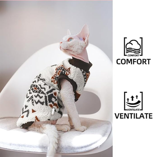 Sphynx Cat Clothes,Boho Style Cat Clothes for Fall Winter, 2-Legged Fleece Lined Warm Shirt, Soft Plush Sweater for Hairless Cats Devon Rex (Beige, Small (2.5-3.5lbs))