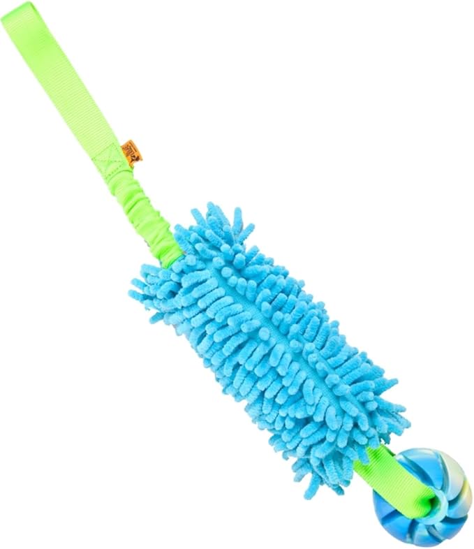Dingo Dog tug of war Toy for Outdoor Play Traning Agility,Cuddly and Shaggy Plush tug Toy for Motivation and Fun,Soft Nubby-Textured Noodle Plush with Bungee Shock Absorber and Rubber Ball Blue 15587