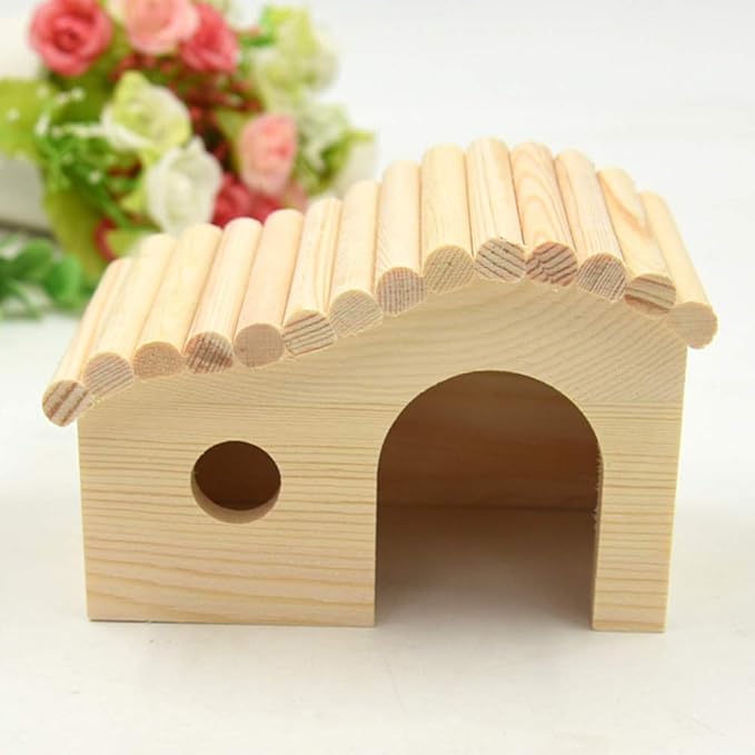 balacoo Wooden Hut Hideout for Hamsters Natural Solid Nesting House Entrance Small Habitat for Pet Promotes Chewing Instincts and Exploration