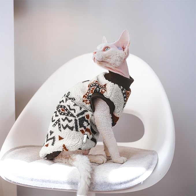 Sphynx Cat Clothes,Boho Style Cat Clothes for Fall Winter, 2-Legged Fleece Lined Warm Shirt, Soft Plush Sweater for Hairless Cats Devon Rex (Beige, XX-Large (8.5-12 lbs))