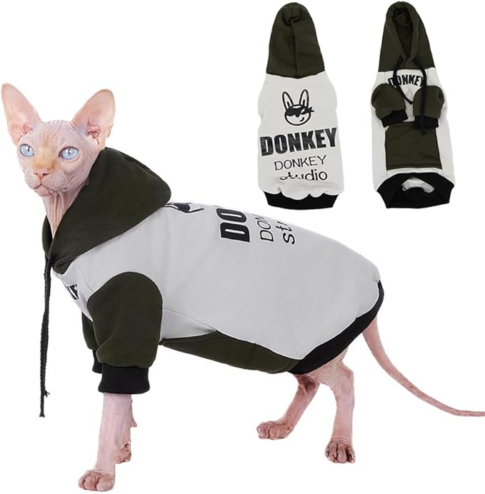 Sphynx Cat Hoodie Sweater, Thick Warm Stratch Soft Cat Hoodie Jacket,Two Legged Warm Fleece Hoodie for cat,Autumn Winter Clothes for Kitten Small Dogs (Dark Green&White, XL (7-9lbs))