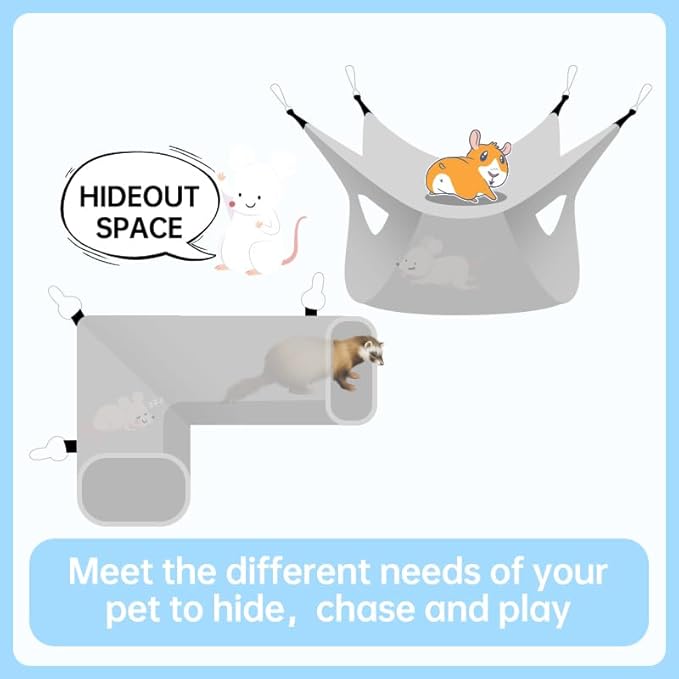 Guinea Pig Rat Tunnel Ferret Hammock, Small Animal Corner Tunnel & Tubes & Bed for Hedgehog Piggy Chinchilla Hideout Toys and Cage Accessories (3.Hammock&Tunnel)