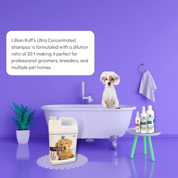 Lillian Ruff PRO Formula Ultra Concentrated Dog Shampoo – Makes 4 Gallons/30 Bottles, 30:1 Dilution, Professional Pet Shampoo for Sensitive Skin | Deodorizing & pH-Balanced Made in USA Gallon+Pump