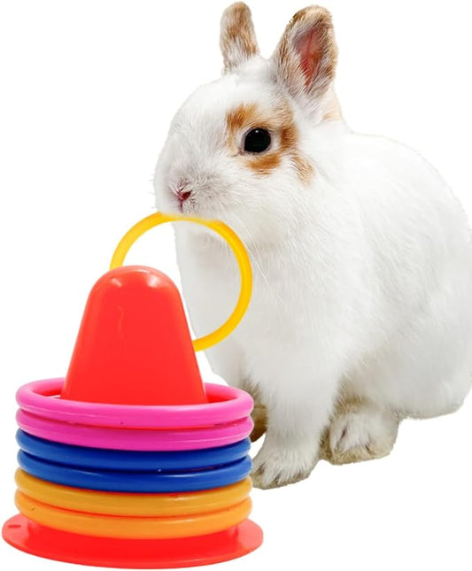 Rabbit Training Ring Toy, Rabbit Interactive Toy, Bunny Educational Toys with 5 Rings, Stacking Color Rings Random Color (Red)