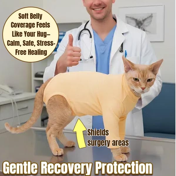 T'CHAQUE Cat Surgery Recovery Suit, Anti-Licking Onesie for Post-Spay/Neuter Abdominal Wound, Cat Recovery Suit with Adjustable Drawstring Collar - Long Sleeve Kitten Surgical Onesie, Orange, M