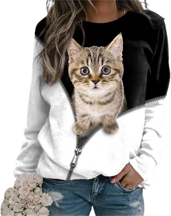IVERIRMIN Women's 3D Cute Cat Print Sweatshirt Casual Long Sleeve Crewneck Cute Cat Pullover Loose Fit Shirts
