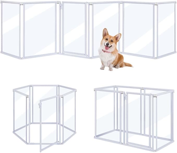 unipaws Clear Acrylic Transparent Dog Playpen, 125” Extra Wide 6 Panels Freestanding Walk Through Dog Gate, Foldable Pet Pen Whelping Cage for Puppy Cats