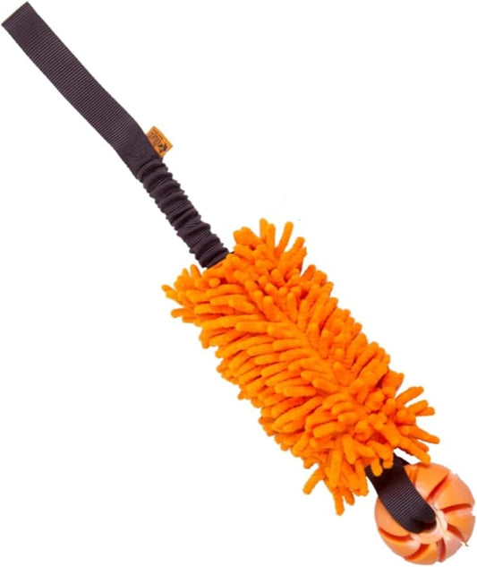 Dingo Dog tug of war toy for outdoor play traning agility,cuddly and shaggy plush tug toy for motivation and fun,soft nubby-textured noodle plush with bungee shock absorber and rubber ball orange15586