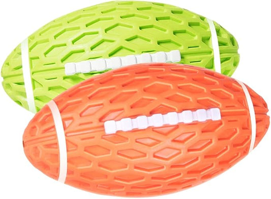 AUSCAT 2PCS Squeaky Dog Football Toy for Aggressive Chewers, Tough Rubber Dog Ball for Small Medium Dogs, Green and Orange, Small, 4.1"