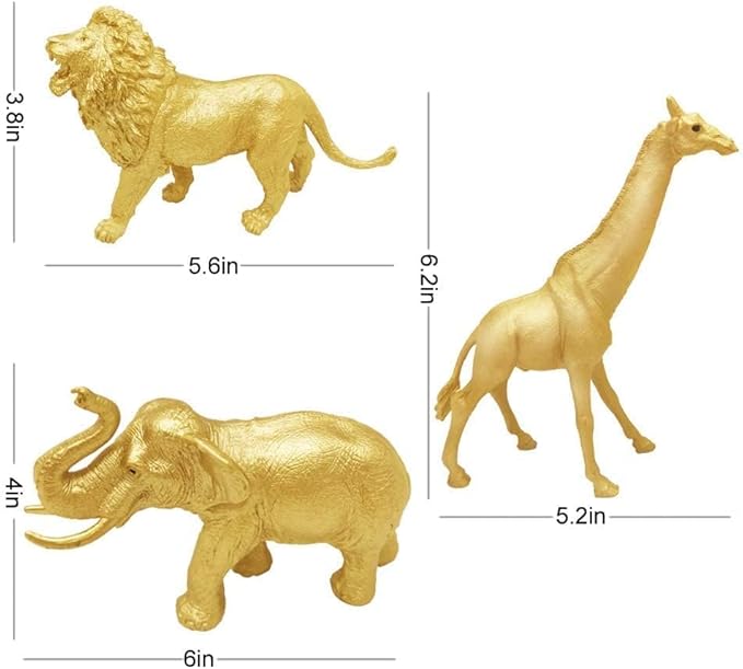 Metallic Gold Plastic Animal Figurines Toys, 12PCS Golden Safari Zoo Animal Figures, Jungle Wild Animals with Elephant, Lion, Giraffe for Baby Shower Decor, Safari Themed Birthday Party