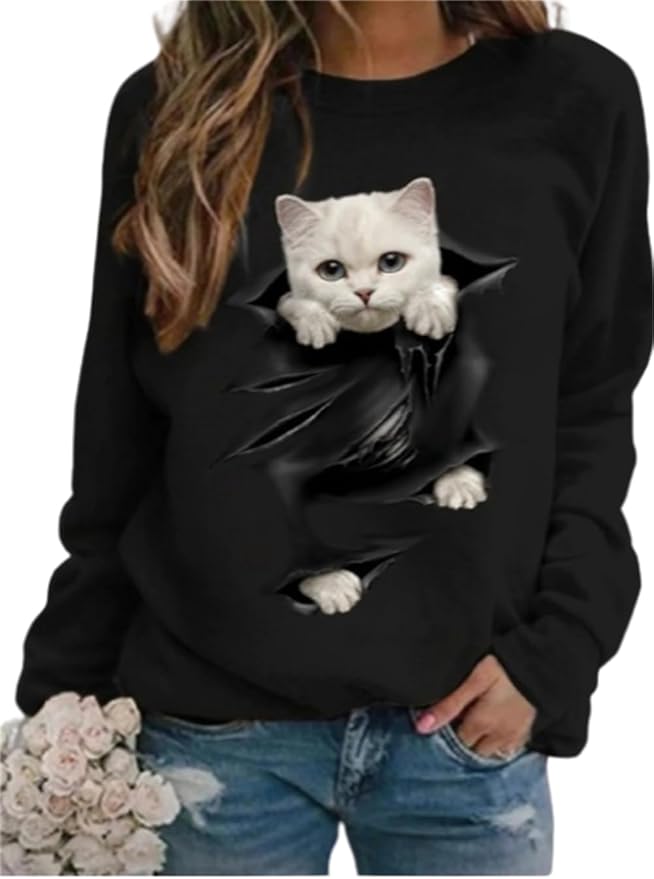 IVERIRMIN Women's 3D Cute Cat Print Sweatshirt Casual Long Sleeve Crewneck Cute Cat Pullover Loose Fit Shirts