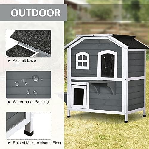 PawHut 2-Story Cat House Outdoor, Weatherproof Wooden Cat Enclosure for Feral Cats with Escape Door, Openable Roof, Jumping Platforms, Gray