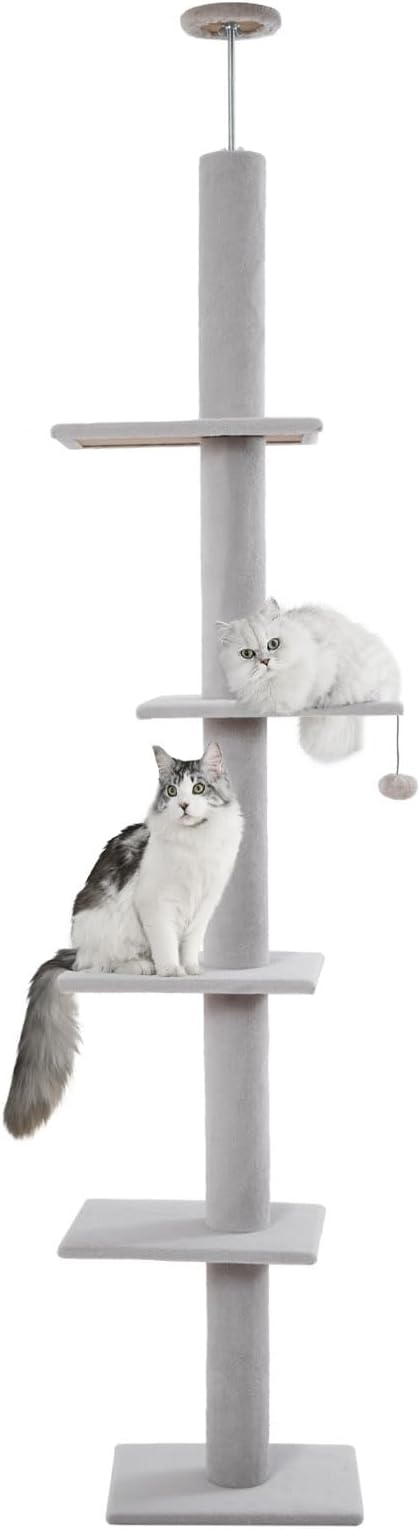Cat Tree Floor to Ceiling Cat Tower 5-Tier Carpet Kitten Tree Cat Climbing Tower with Adjustable Height 98"-108", Tall Cat Trees with Platforms and Dangling Balls for Indoor Cats, Ash Grey