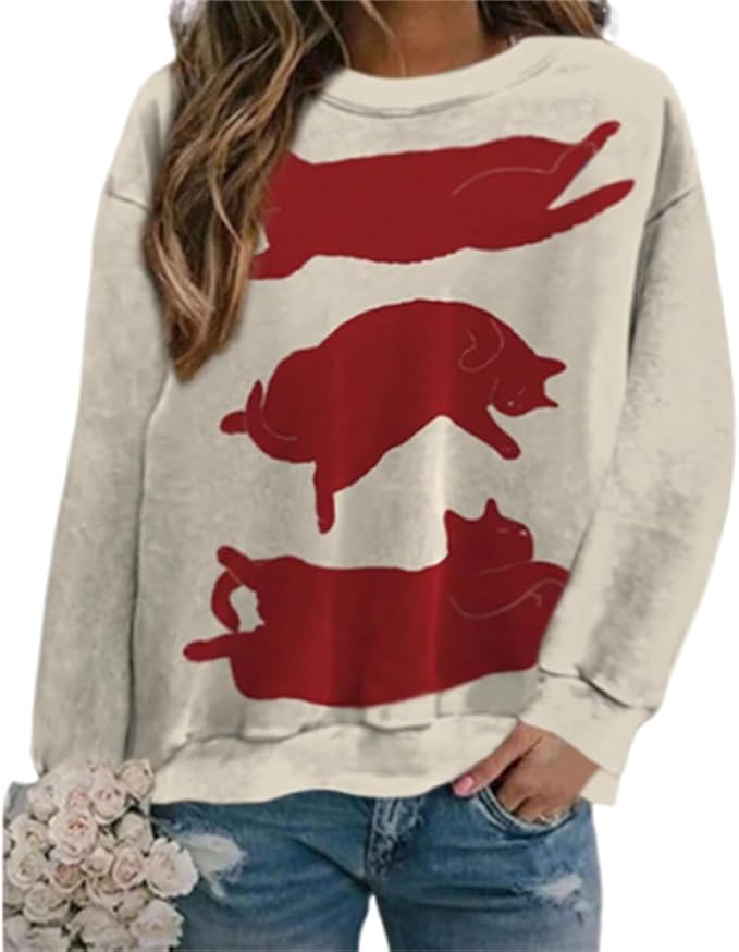 IVERIRMIN Women's 3D Cute Cat Print Sweatshirt Casual Long Sleeve Crewneck Cute Cat Pullover Loose Fit Shirts