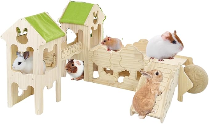 Wooden Guinea Pig Hideout, Bunny Houses and Hideouts Climbing Toys, Hamster Maze, Small Animal Accessories for Rabbit, Chinchilla, Rat, Mice, Gerbil (Combinations 11)