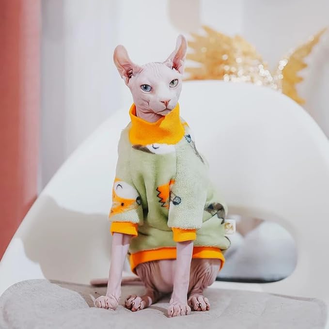 Sphynx Cat Warm Turtleneck Sweater, Thick Soft Double-Sided Fleece Clothes for Cats, Two-Legged Winter Onesie for Cats and Small Dogs,Pjs for Cats and Puppy (Fox, L (5-6.5lbs))