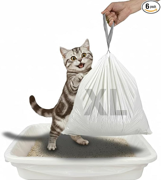 Cat Litter Box Liners 6 Count, 37" x 18" Jumbo Cat Litter Bags with Drawstring, XL Heavy Duty Litter Pan Liners, Litter Box Liners Tear Leak Resistant for Pet Supplies Simple Access