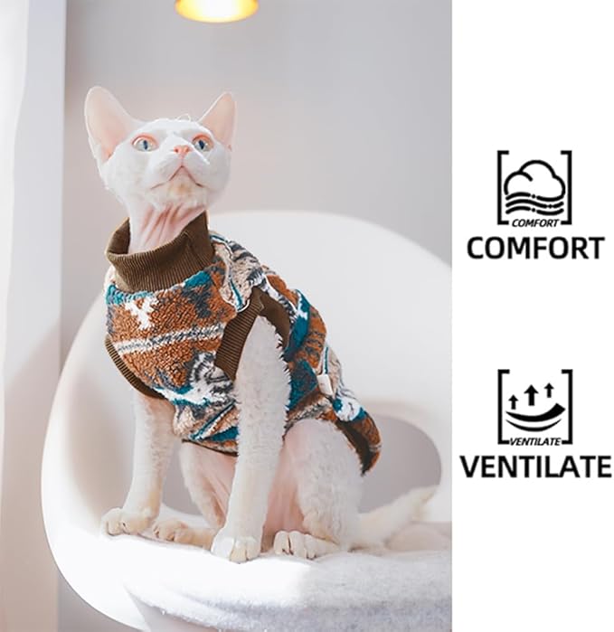 Sphynx Cat Clothes,Boho Style Cat Clothes for Fall Winter, 2-Legged Fleece Lined Warm Shirt, Soft Plush Sweater for Hairless Cats Devon Rex (Brown, Small (2.5-3.5lbs))