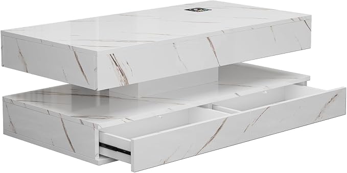 LED Coffee Table, 47.2" Coffee Tables with Storage Drawers, Smart Living Room Table with Wireless Charging & Bluetooth Speaker,Modern Center Tables for Living Room, White Marble