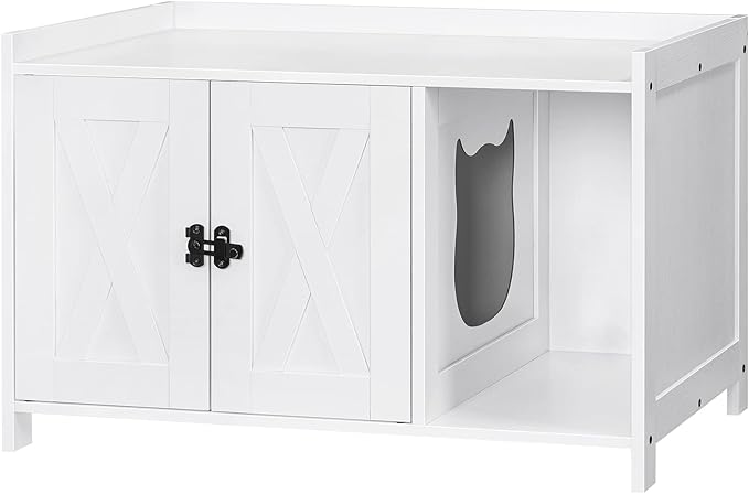 Cat Litter Box Enclosure, Hidden Litter Box Furniture with Divider, Indoor Cat House, Wooden Cat Washroom Storage Cabinet Bench, for Living Room, Bedroom, White CWWT2501