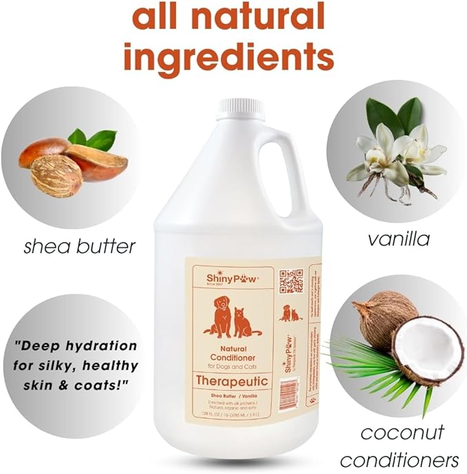 Dog Conditioner for Allergies and Itching 1 Gallon (128 oz) | Shiny Paw Shea Butter & Vanilla Conditioner for Dogs & Cats | Dog Matted Hair Detangler | Made in The USA