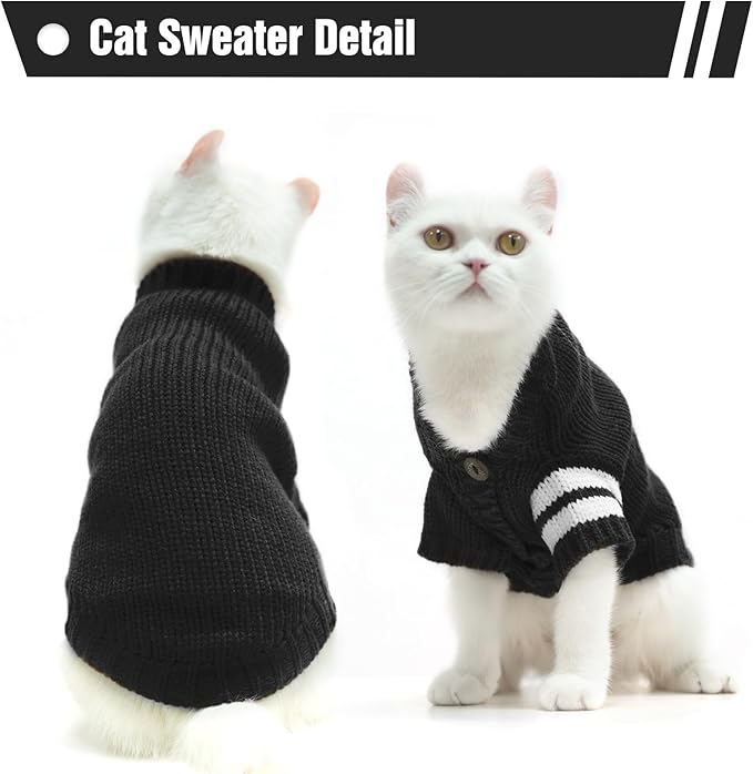 EXPAWLORER Cat Sweater Cardigan - Stylish Knitted Cat Clothes, British Style Soft Puppy Sweater with Sleeve Warm Pet Clothing Knitwear, Fall and Winter Kitten Coat for Girl Boy Cats, Black Small