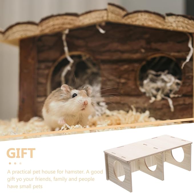 Hamster Solid Wood Hide House Two Room Pet Hideout Safe Non Nail Design Polished Natural Wood Hamster Cage Decor Yellow 8.26X4.33X3.14 Inch