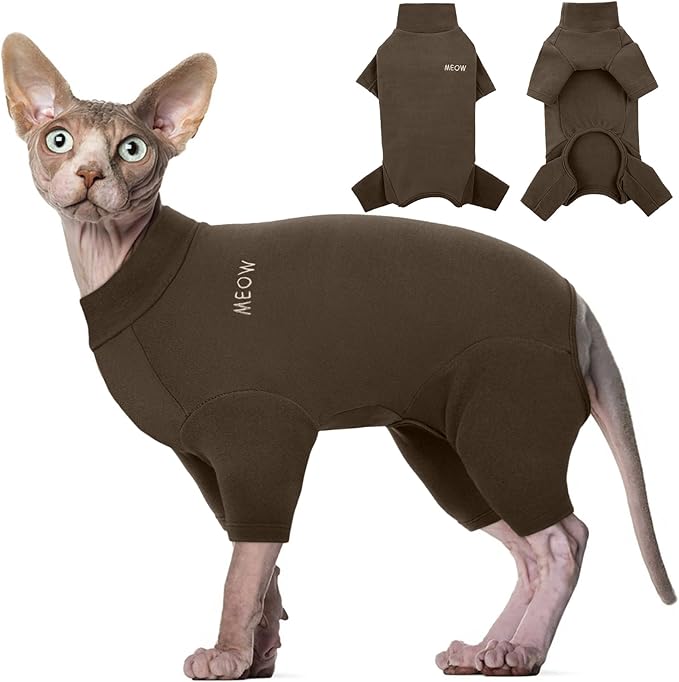 ROZKITCH Hairless Cat Clothes, Breathable Soft Cat Jumpers for Cats Only, Cat Coat with Four Legs, Warm Cat Sweater Cat T-Shirt Cat Pajamas Jumpsuit Vest Cornish Rex Devon Rex Peterbald Coffee L
