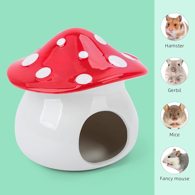 Niteangel Ceramic Hamster Habitat Hideout: - Hideaway House for Syrian Dwarf Hamster Mice Gerbils Lemmings or Other Similar-Sized Small Pet (Mushroom-Shaped)