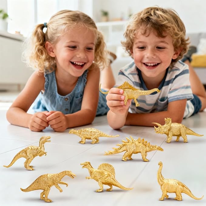 Metallic Gold Plastic Dinosaurs Figurine Toys, 12PCS Golden Dinosaur Figures for Boys Girls, Baby Shower, Bridal Shower Decorations, Kids Dino Themed Birthday Party Supplies Cake Topper