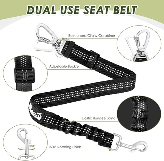 SlowTon Dog Seat Belt Harness for Car, Dog Car Harness Adjustable Mesh Breathable & Dog Seatbelt Safety Tether with Elastic Bungee for Small Medium Large Pets(Red, Double Clip, S)