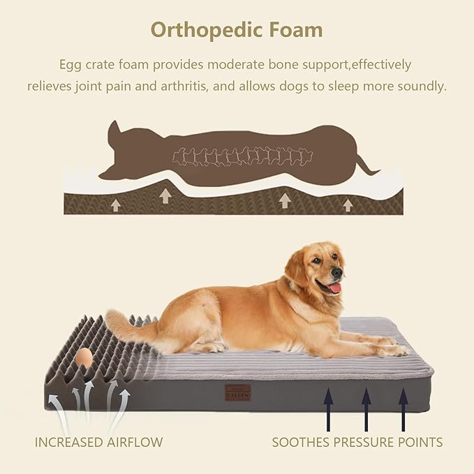 Orthopedic Dog Bed for Extra Large Dogs, Soft Plush Washable with Egg Crate Foam, Waterproof with Removable Washable Cover & Anti-Slip Bottom, Comfy Striped Dog Crate Bed, 46x30 Inch, Gray