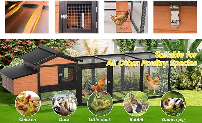 106”Solid Wood Chicken Coop for 3-4 Chickens,Outdoor Hen House Poultry Pet Hutch with Run Cage and Nesting Box,Waterproof Asphalt Roof Ramp,Removable Tray Wire Fence for Backyard