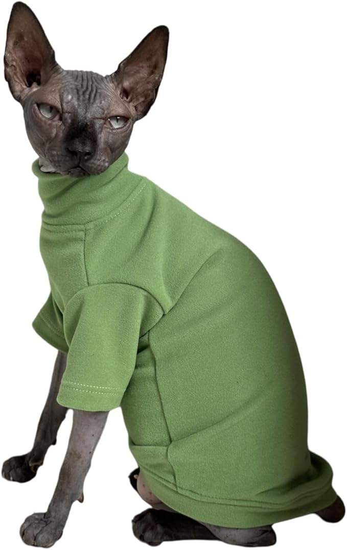 Sphynx Cats Solid Warm Fleece Shirt Cat Turtleneck Undershirt Thermal Hairless Cat Clothes for Sphynx, Devon, Cornish Cat Clothes and Small Kitten and Dogs (Green, Large)