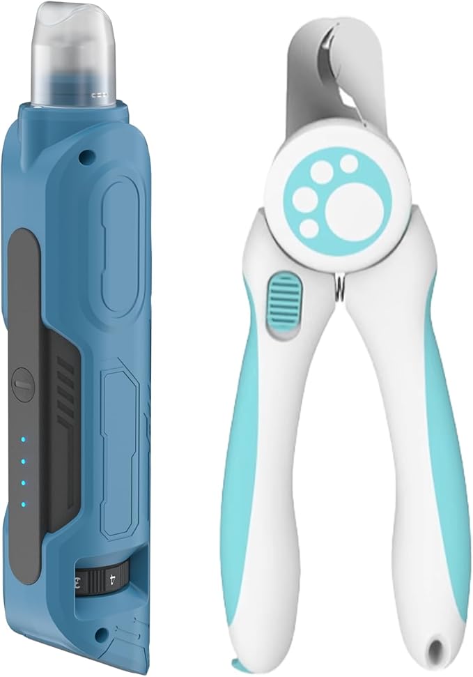 PAPIFEED 6-Speed Dog Nail Grinder Quiet with Dog Nail Trimmers, 2 LED Lights & Dust-Proof Cover, Nail Grinder for Large/Medium/Small Dogs & Cats, Rechargeable Type-C Charging - Blue Kit