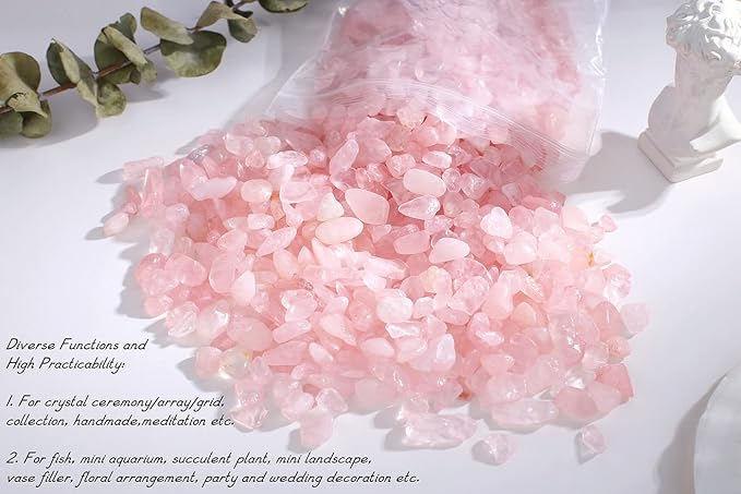 Rose Quartz Crystal Gravel Polished Chips Crushed Stones Healing Bulk Natural Tumbled Rocks Gem Home Decoration Small Pebbles for mini Aquarium Tank Plants Landscape Vase Filler Bottom Ornament 0.6lb